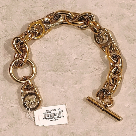 NWT MICHAEL KORS GOLD PLATED CHAIN LINK BRACELET MONGRAM MK CHARM & RHINESTONES - Picture 2 of 7